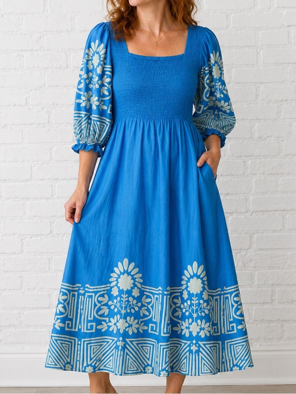 Olivia James The Label Blue Floral Smocked Midi Dress Puff Sleeve Cotton Sz S